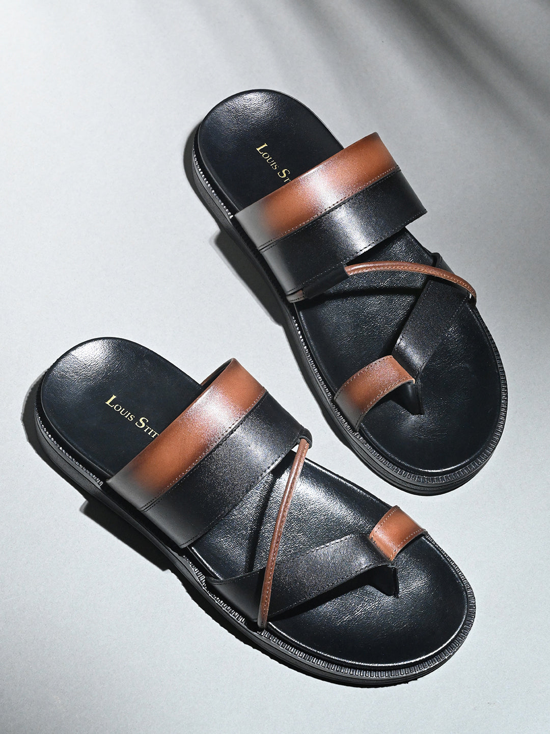 Black and Tan Open Toe Style Lightweight Toe Ring Leather Sandal