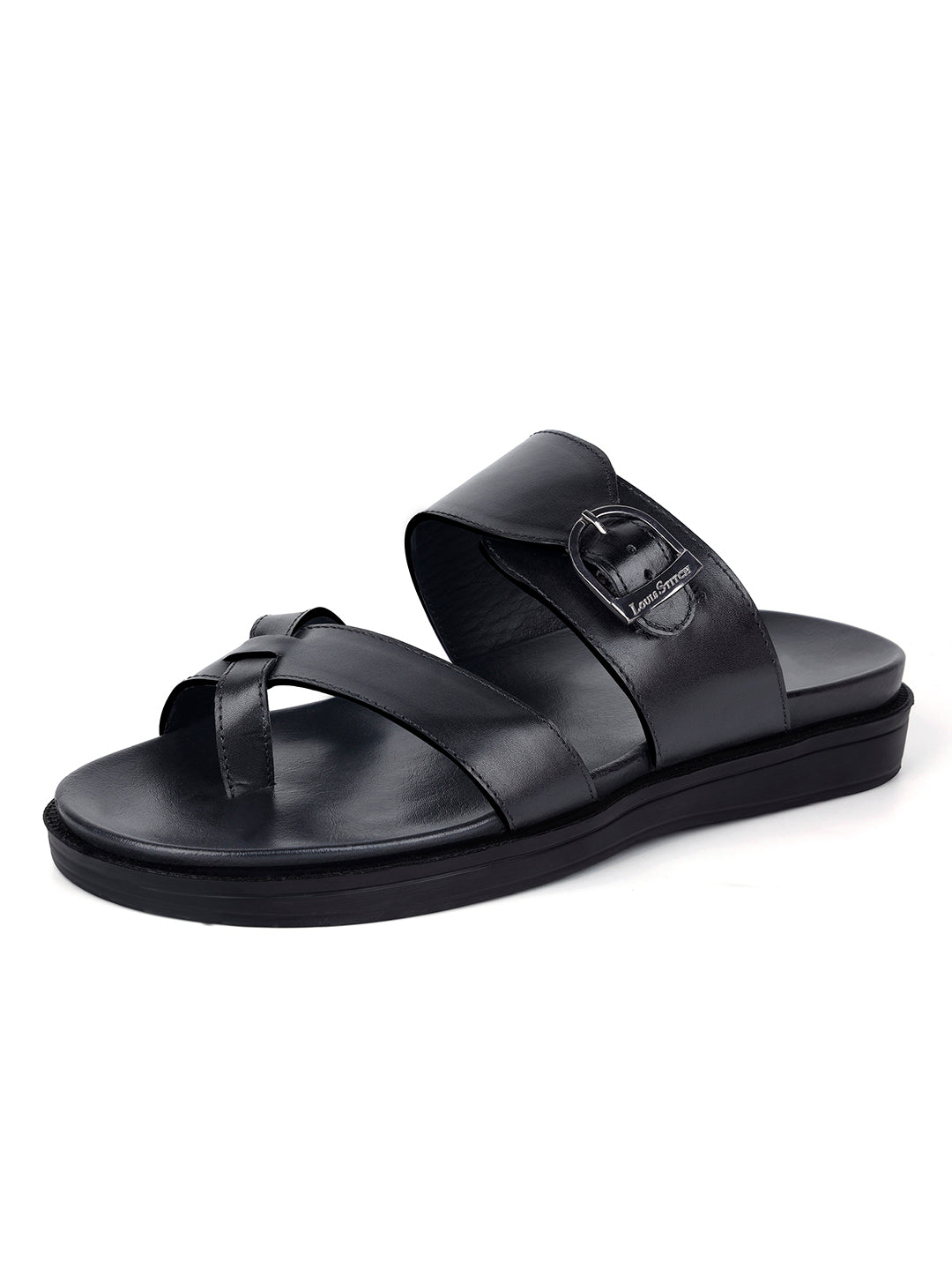 Jet Black Toe Ring Lightweight Leather Sandal with Adjustable Buckle