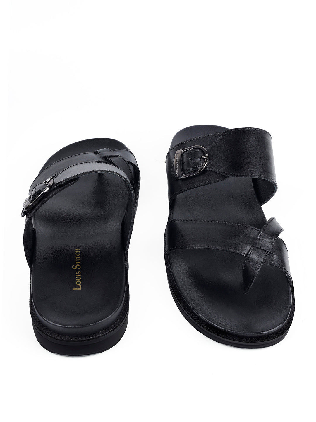 Jet Black Toe Ring Lightweight Leather Sandal with Adjustable Buckle
