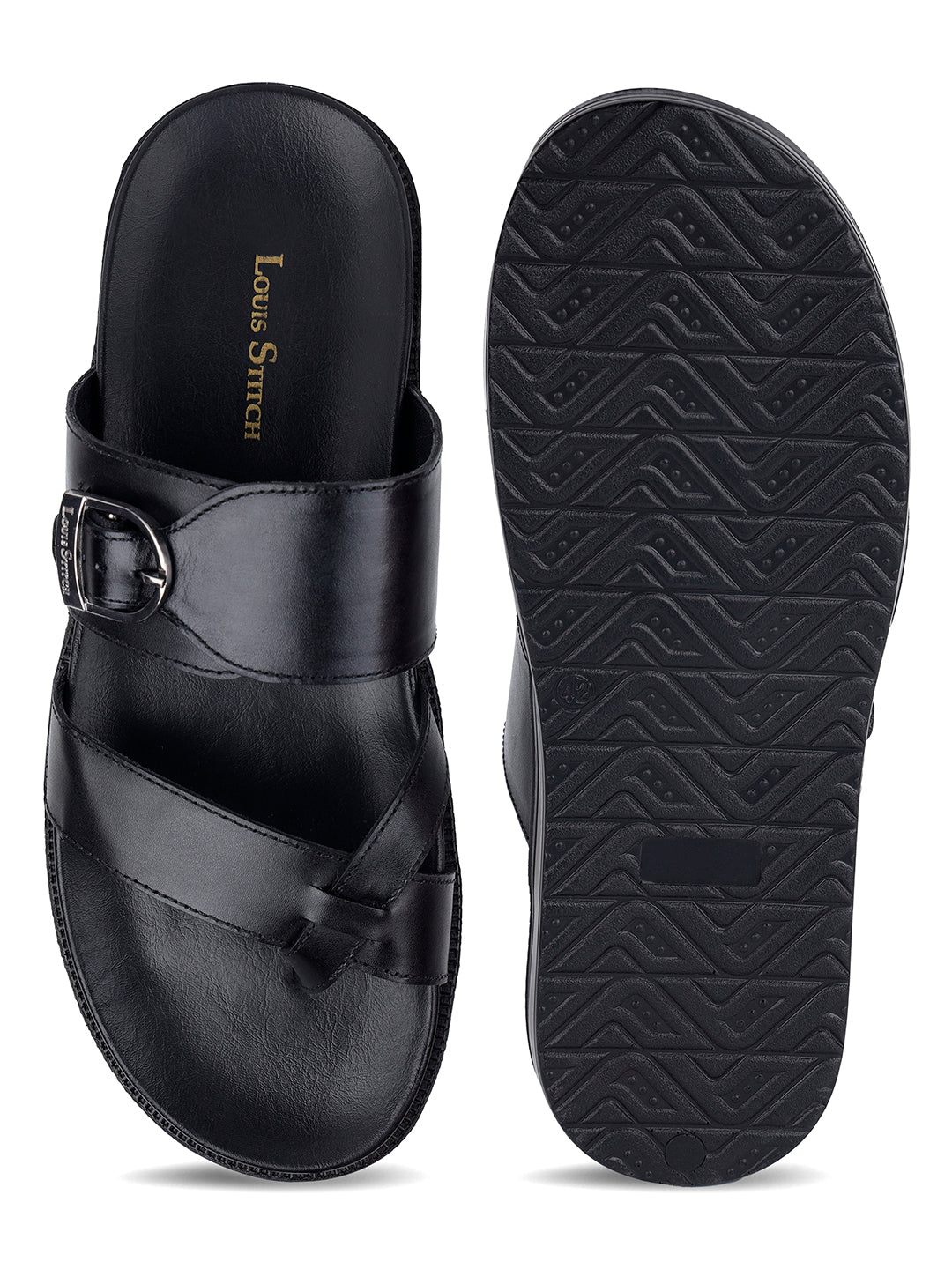 Jet Black Toe Ring Lightweight Leather Sandal with Adjustable Buckle