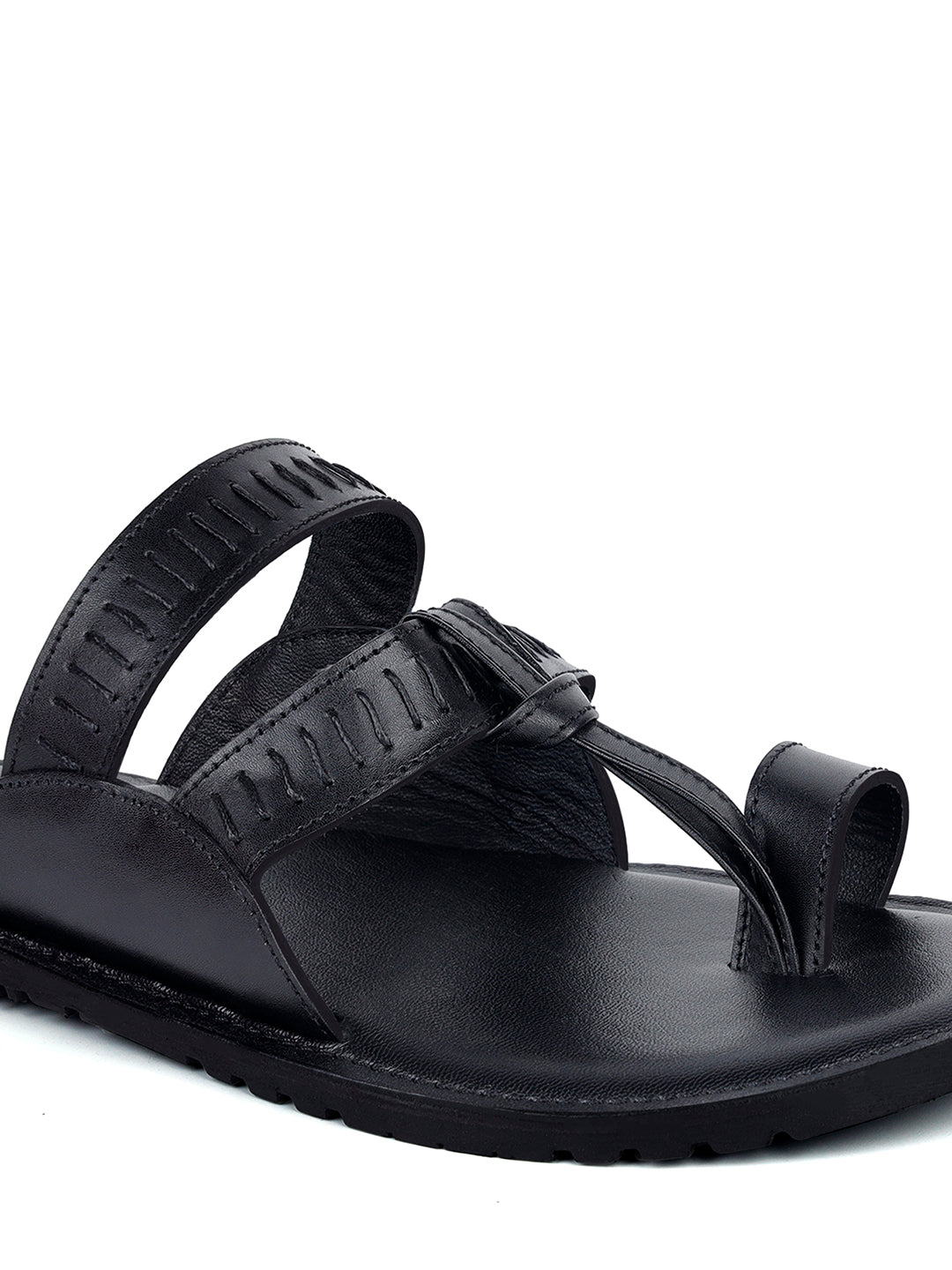 Jet Black Kolhapuri Style Lightweight Toe Ring Leather Sandal