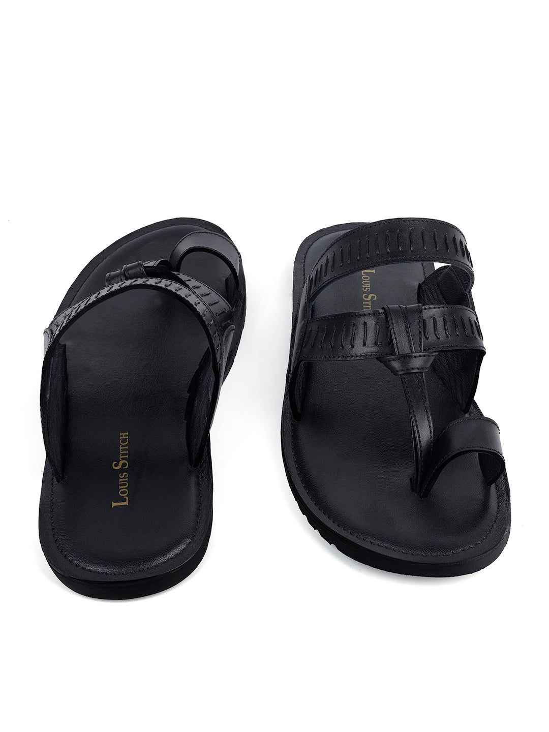 Jet Black Kolhapuri Style Lightweight Toe Ring Leather Sandal