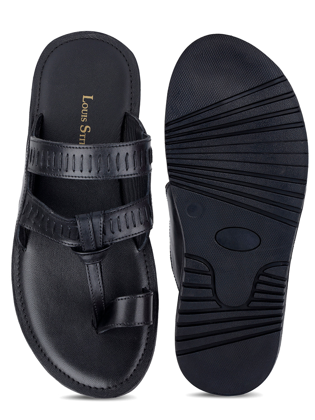 Jet Black Kolhapuri Style Lightweight Toe Ring Leather Sandal