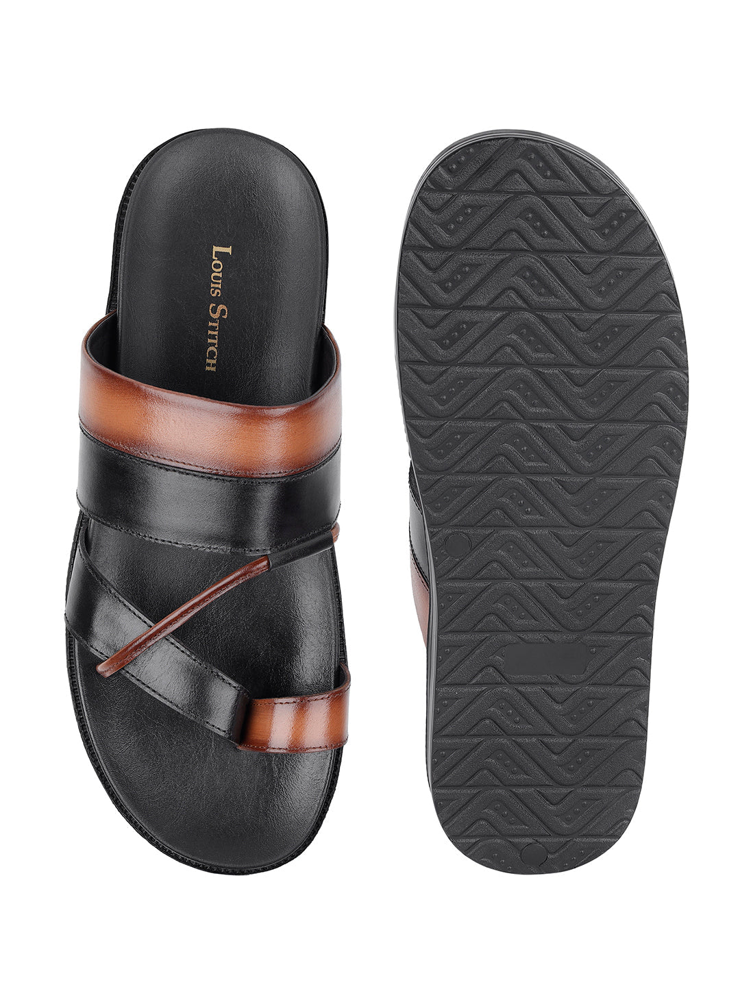 Black and Tan Open Toe Style Lightweight Toe Ring Leather Sandal