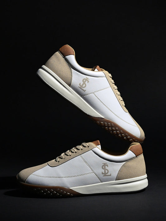 White and Beige Casual Lightweight Lace-Up Sneakers