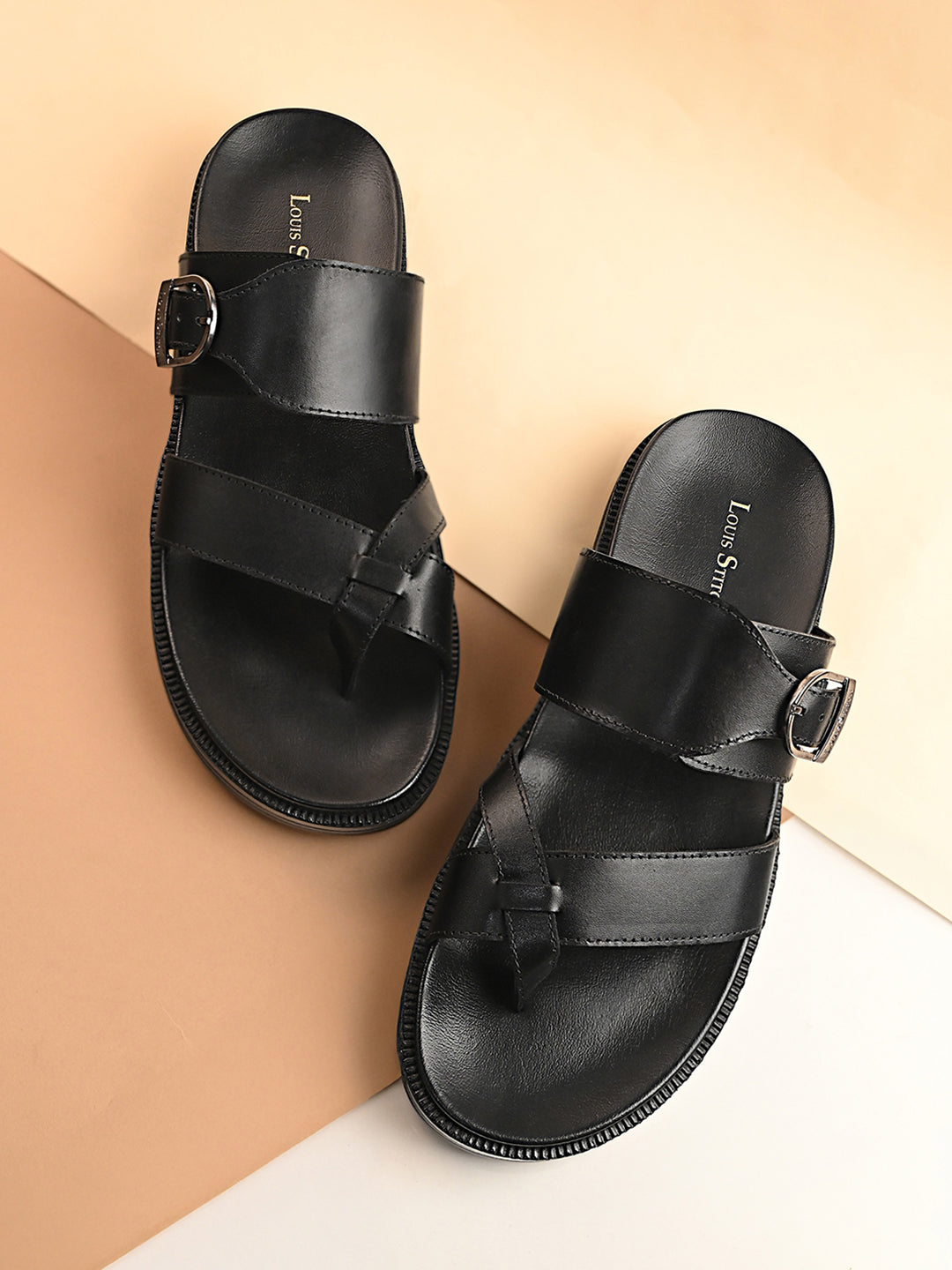 Jet Black Toe Ring  Lightweight Leather Sandal with Adjustable Buckle