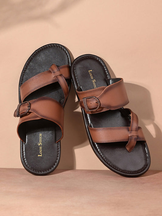 Tan Lightweight Open Toe Leather Sandal with Adjustable Buckle