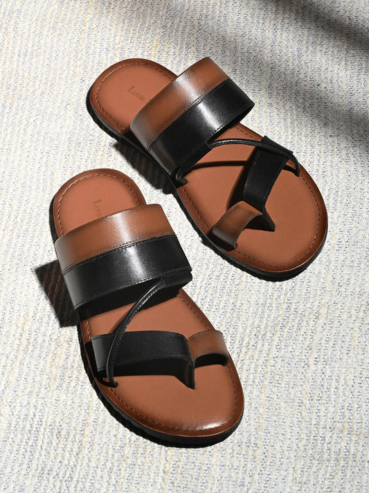 Tan and Black Open Toe Style Lightweight Toe Ring Leather Sandal