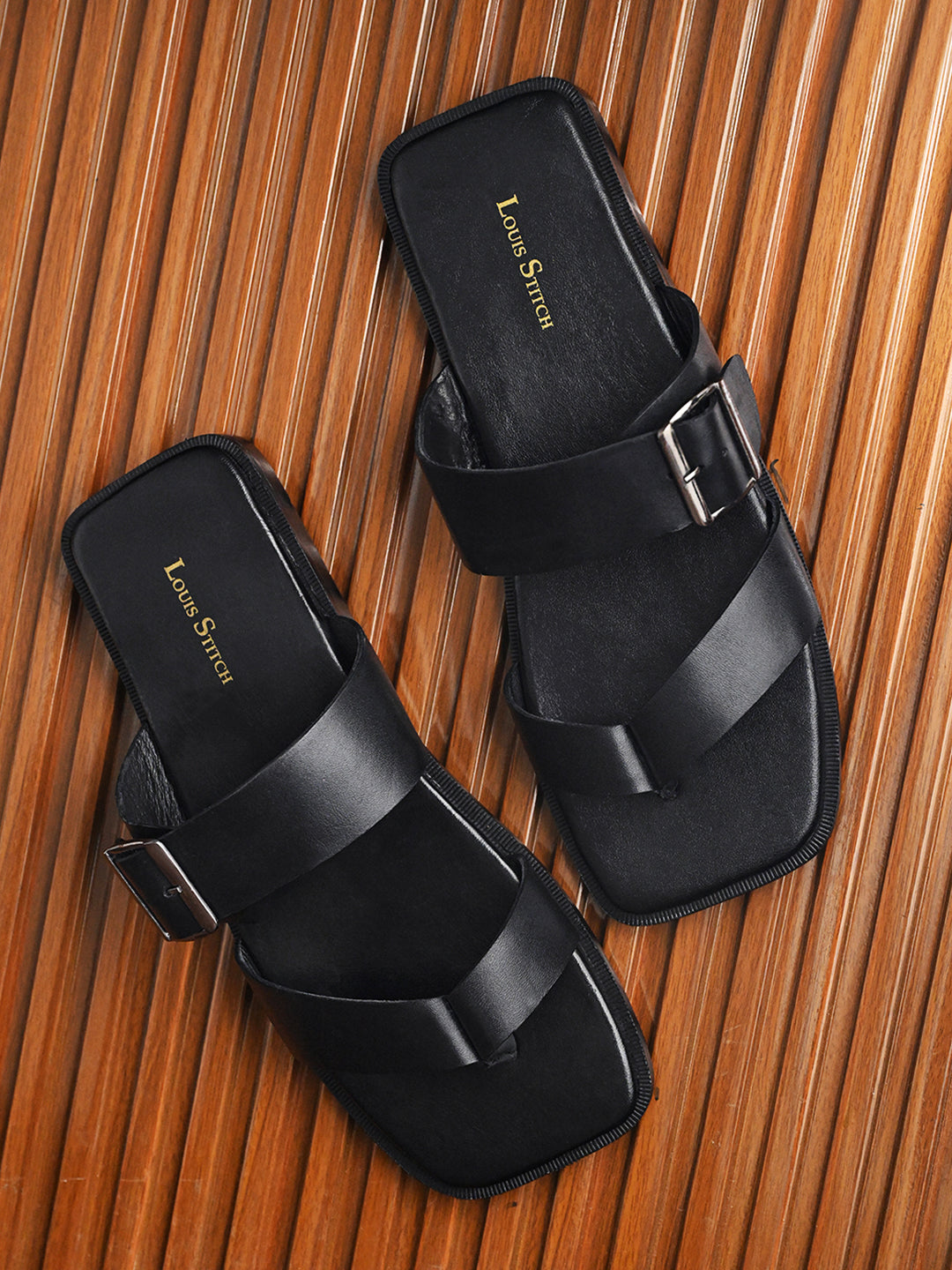 Jet Black Open Toe Lightweight T-Strap Leather Sandal with Adjustable Buckle Strap