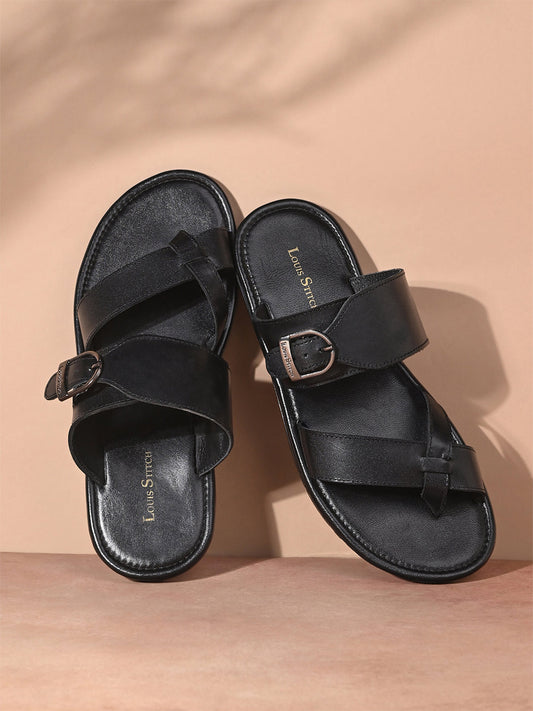 Jet Black Lightweight Open Toe Leather Sandal with Adjustable Buckle