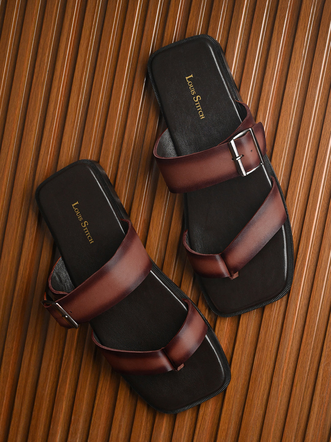 Brunette Brown Open Toe Lightweight T-Strap Leather Sandal with Adjustable Buckle Strap