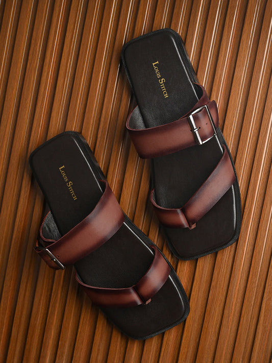 Brunette Brown Open Toe Lightweight T-Strap Leather Sandal with Adjustable Buckle Strap