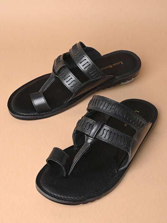 Jet Black Kolhapuri Style Lightweight Toe Ring Leather Sandal