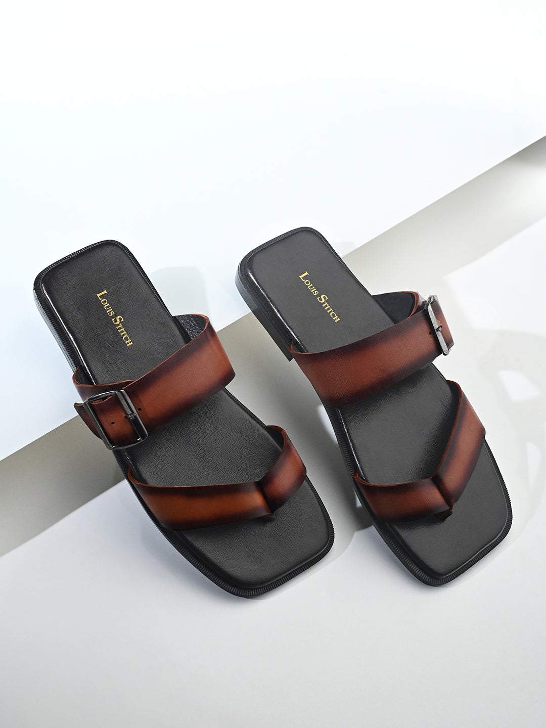Brunette Brown Open Toe Lightweight T-Strap Leather Sandal with Adjustable Buckle Strap