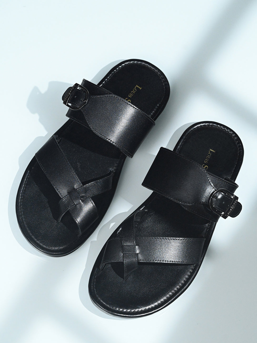 Jet Black Lightweight Open Toe Leather Sandal with Adjustable Buckle
