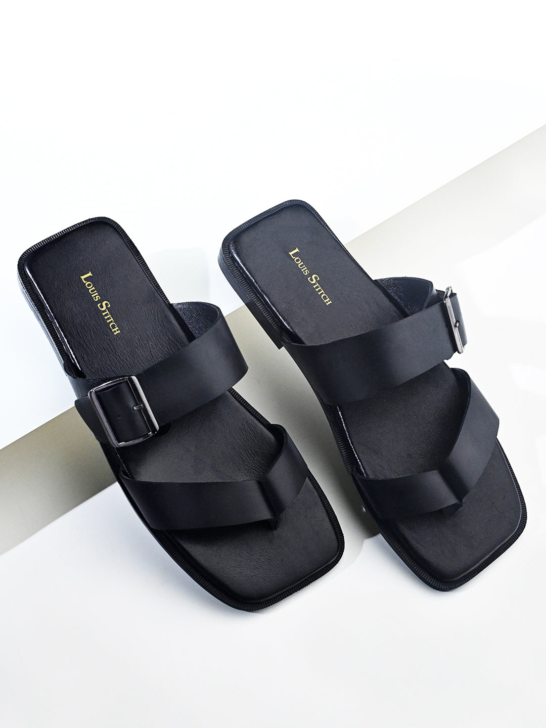 Jet Black Open Toe Lightweight T-Strap Leather Sandal with Adjustable Buckle Strap