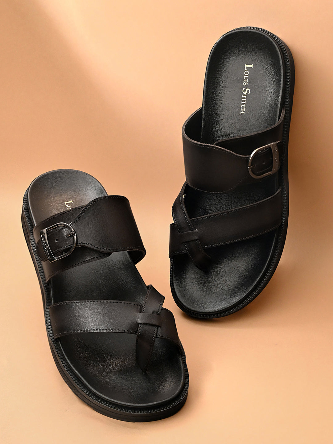 Jet Black Toe Ring  Lightweight Leather Sandal with Adjustable Buckle