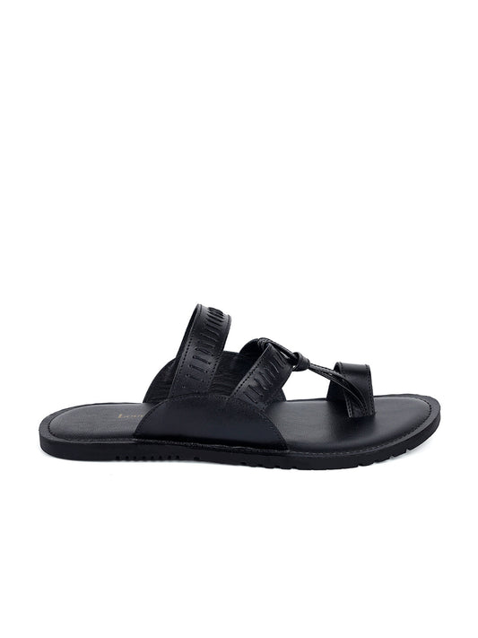 Jet Black Kolhapuri Style Lightweight Toe Ring Leather Sandal
