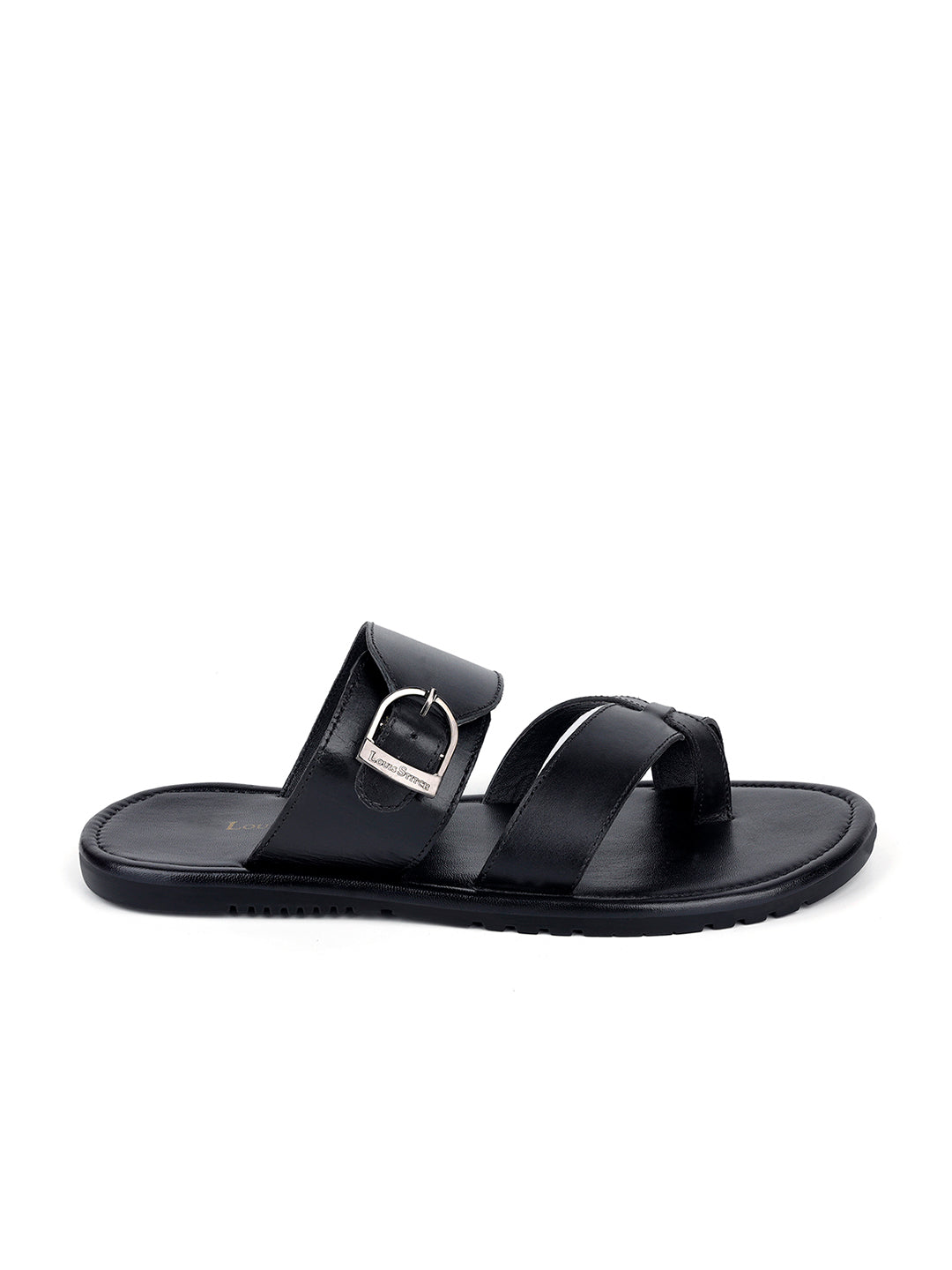 Jet Black Lightweight Open Toe Leather Sandal with Adjustable Buckle