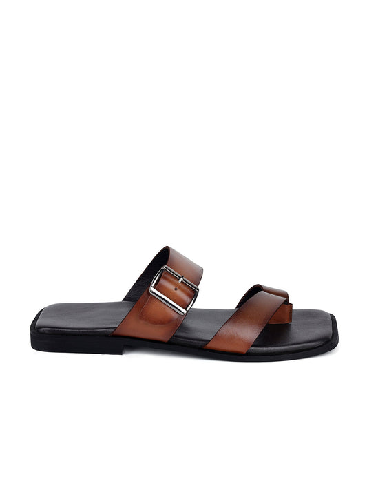 Brunette Brown Open Toe Lightweight T-Strap Leather Sandal with Adjustable Buckle Strap