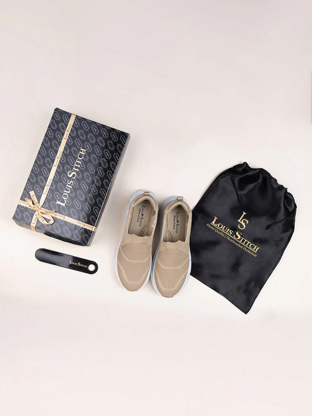 Beige Flyknit Slip-On Sneakers For Men