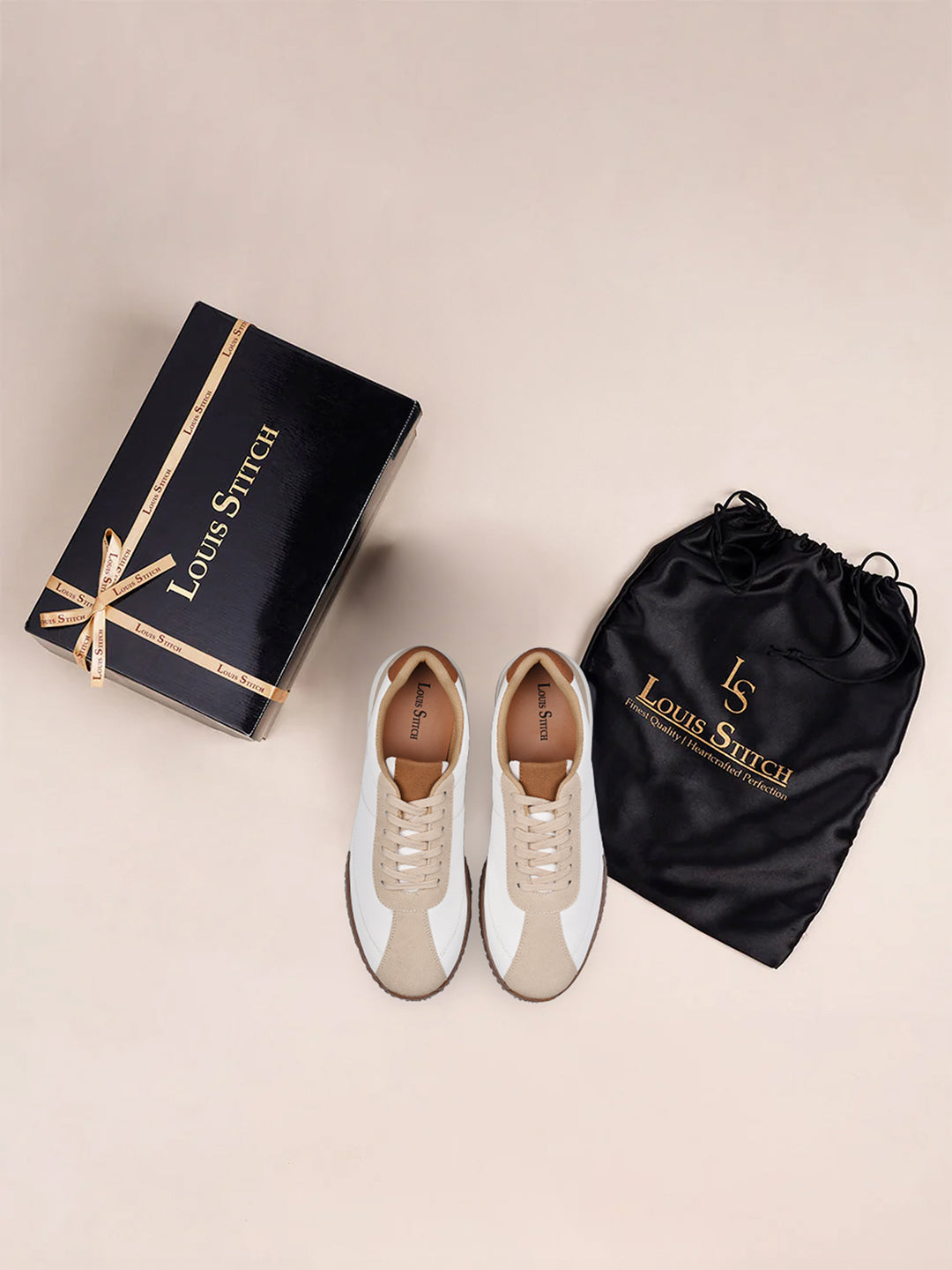 White and Beige Casual Lightweight Lace-Up Sneakers