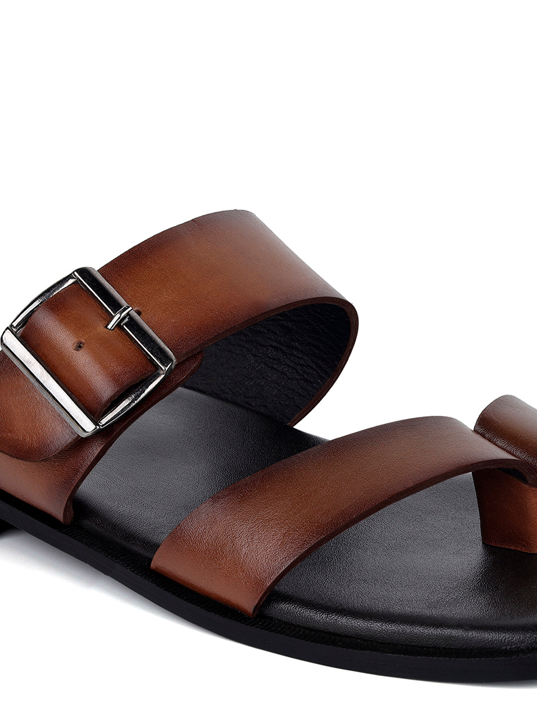 Brunette Brown Open Toe Lightweight T-Strap Leather Sandal with Adjustable Buckle Strap