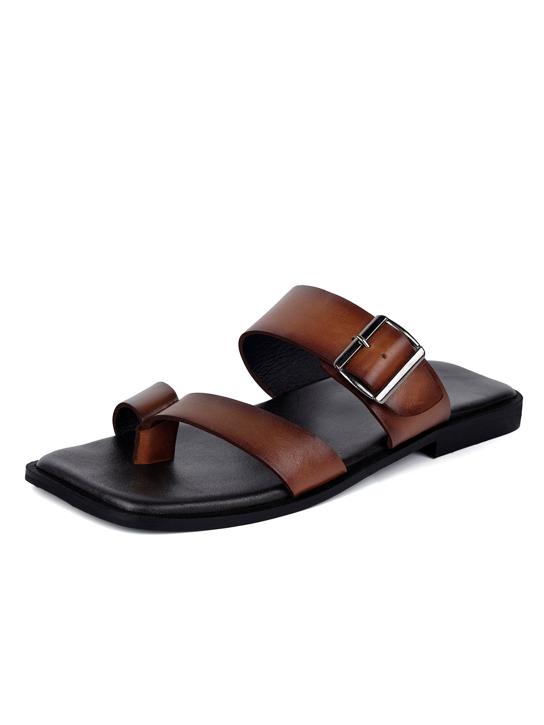 Brunette Brown Open Toe Lightweight T-Strap Leather Sandal with Adjustable Buckle Strap