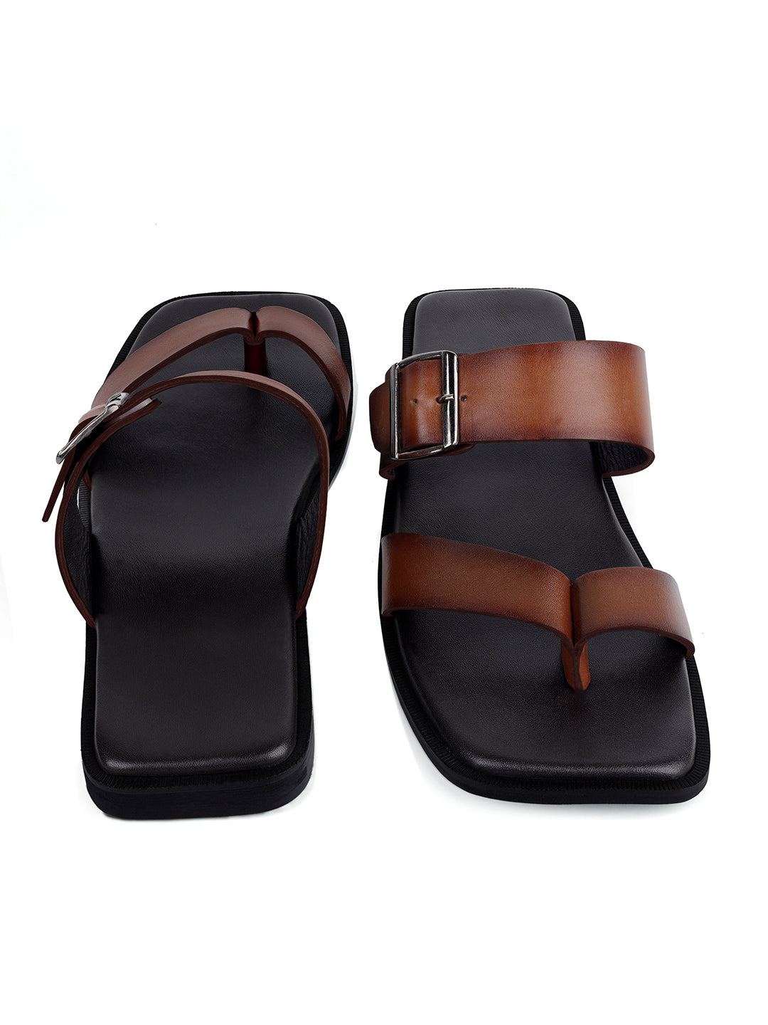 Brunette Brown Open Toe Lightweight T-Strap Leather Sandal with Adjustable Buckle Strap