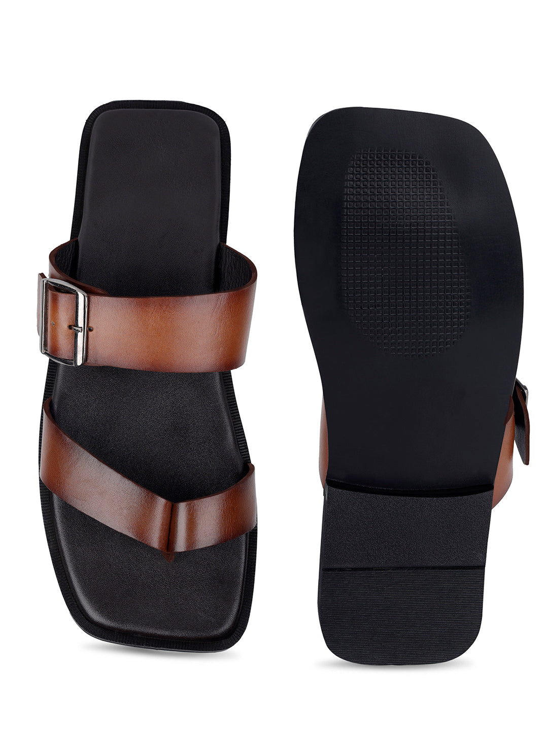 Brunette Brown Open Toe Lightweight T-Strap Leather Sandal with Adjustable Buckle Strap