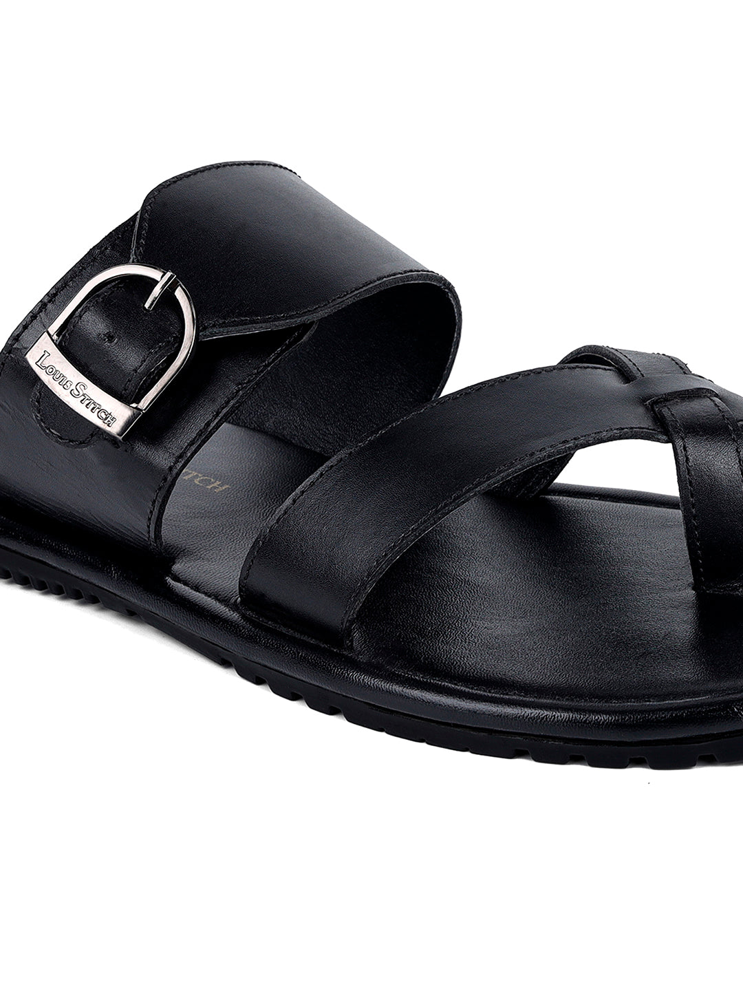 Jet Black Lightweight Open Toe Leather Sandal with Adjustable Buckle