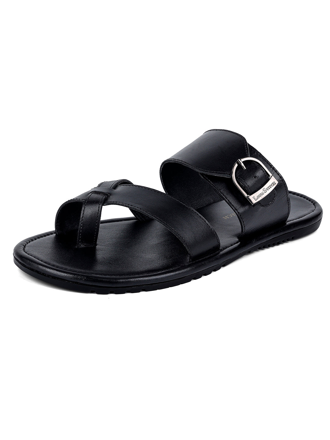 Jet Black Lightweight Open Toe Leather Sandal with Adjustable Buckle