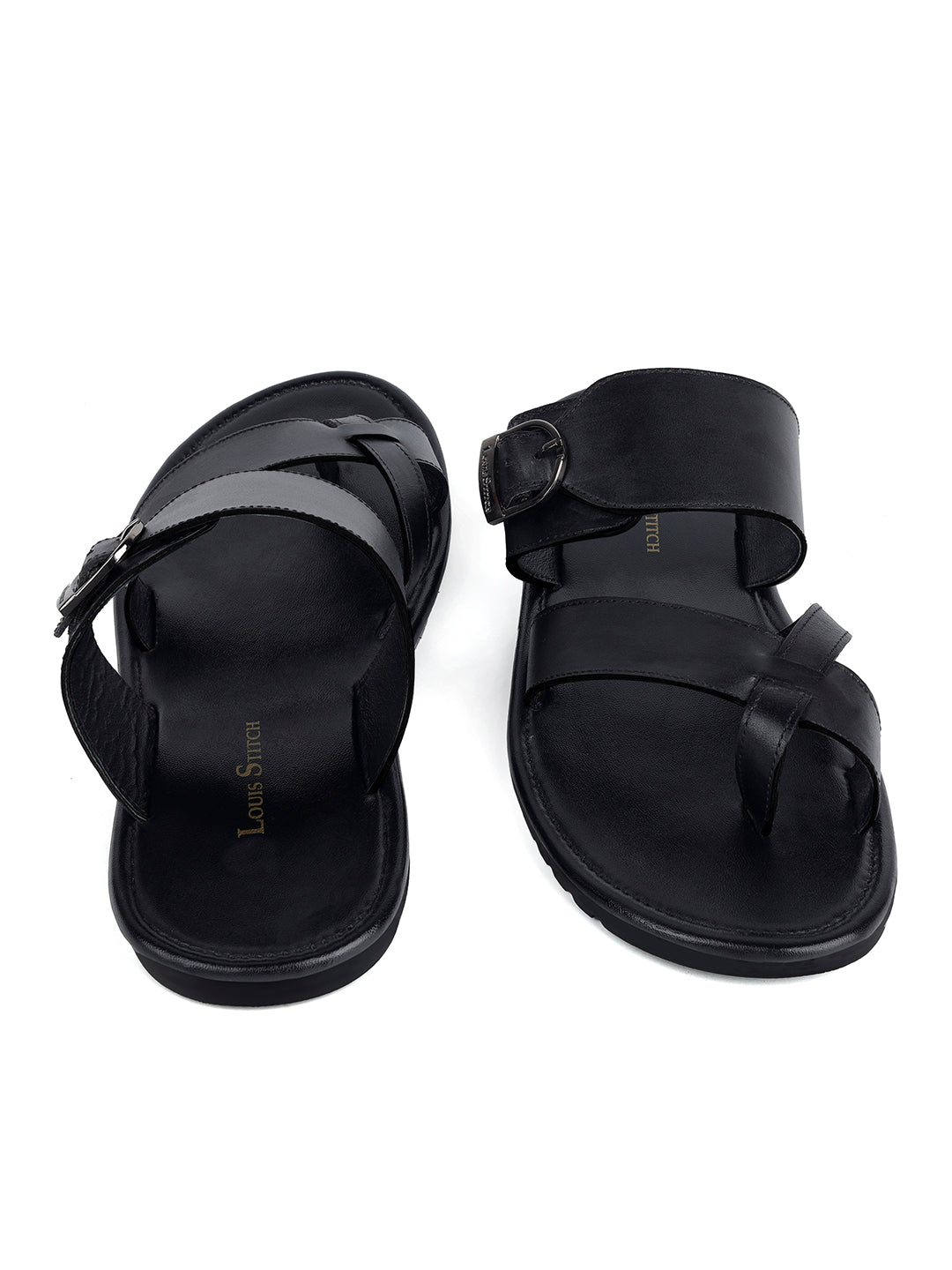 Jet Black Lightweight Open Toe Leather Sandal with Adjustable Buckle
