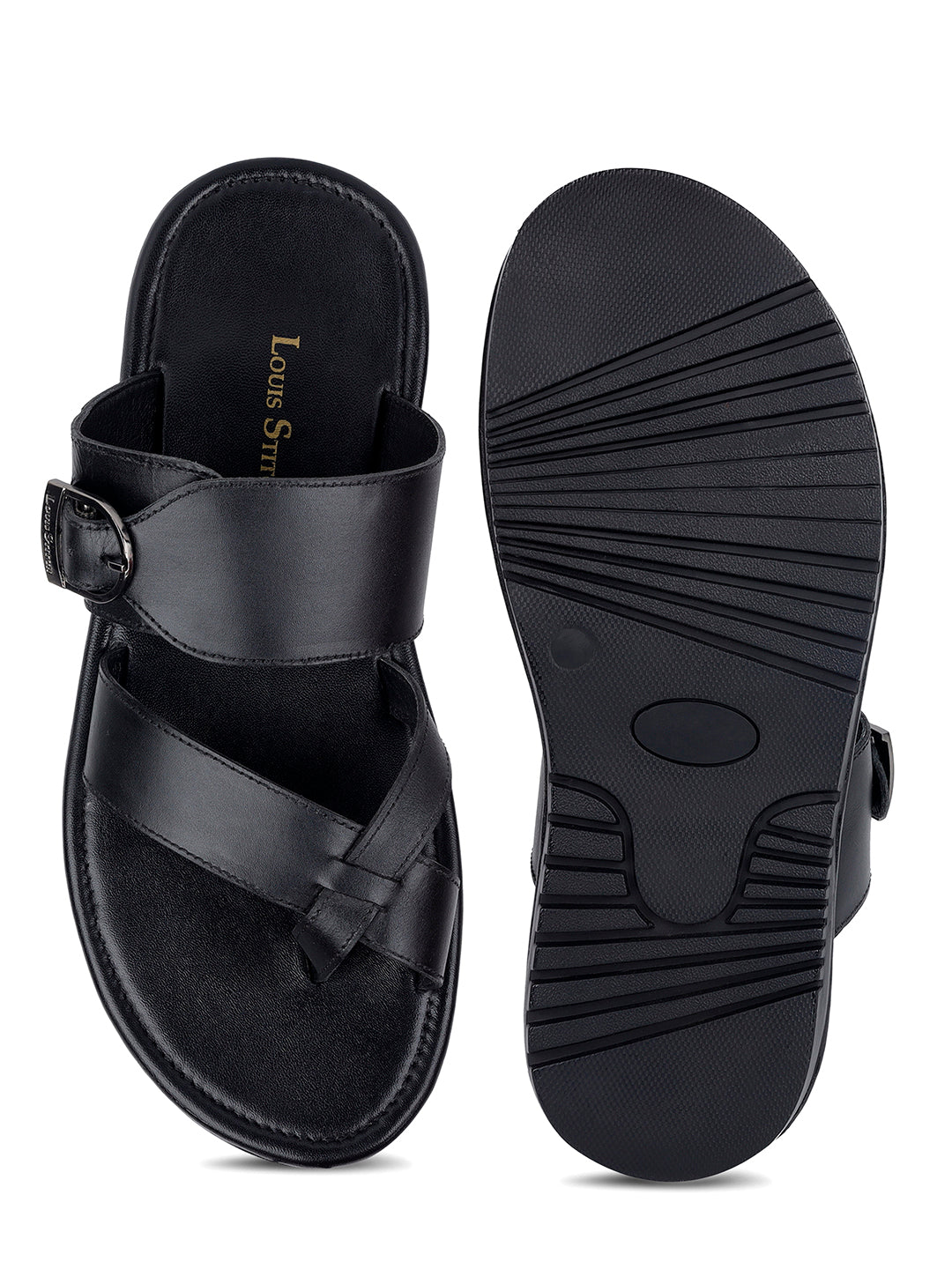 Jet Black Lightweight Open Toe Leather Sandal with Adjustable Buckle