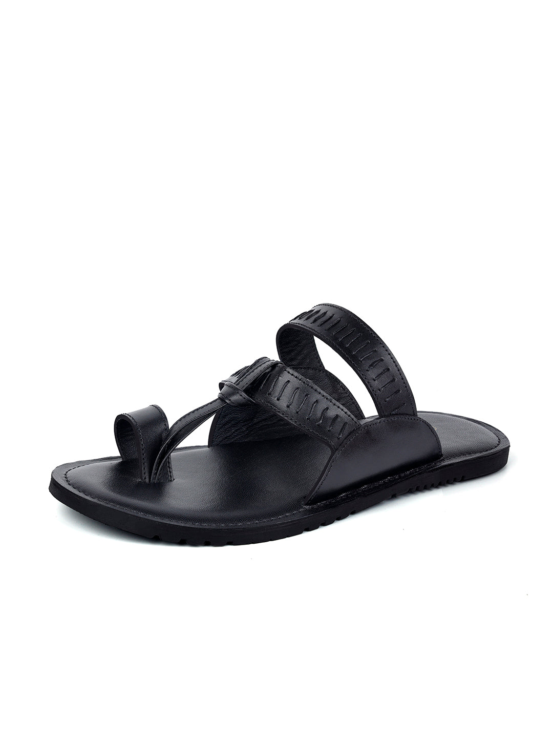 Jet Black Kolhapuri Style Lightweight Toe Ring Leather Sandal