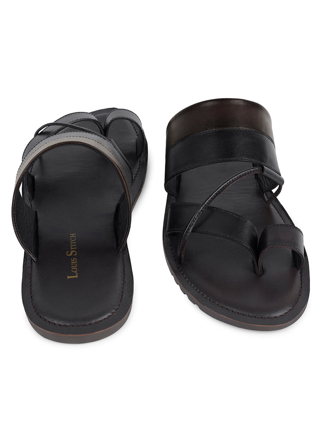 Brown and Black Open Toe Style Lightweight Toe Ring Leather Sandal