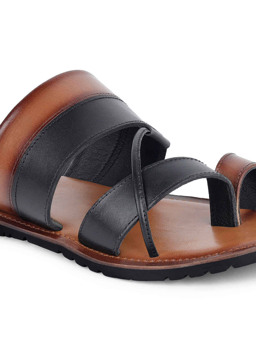 Tan and Black Open Toe Style Lightweight Toe Ring Leather Sandal
