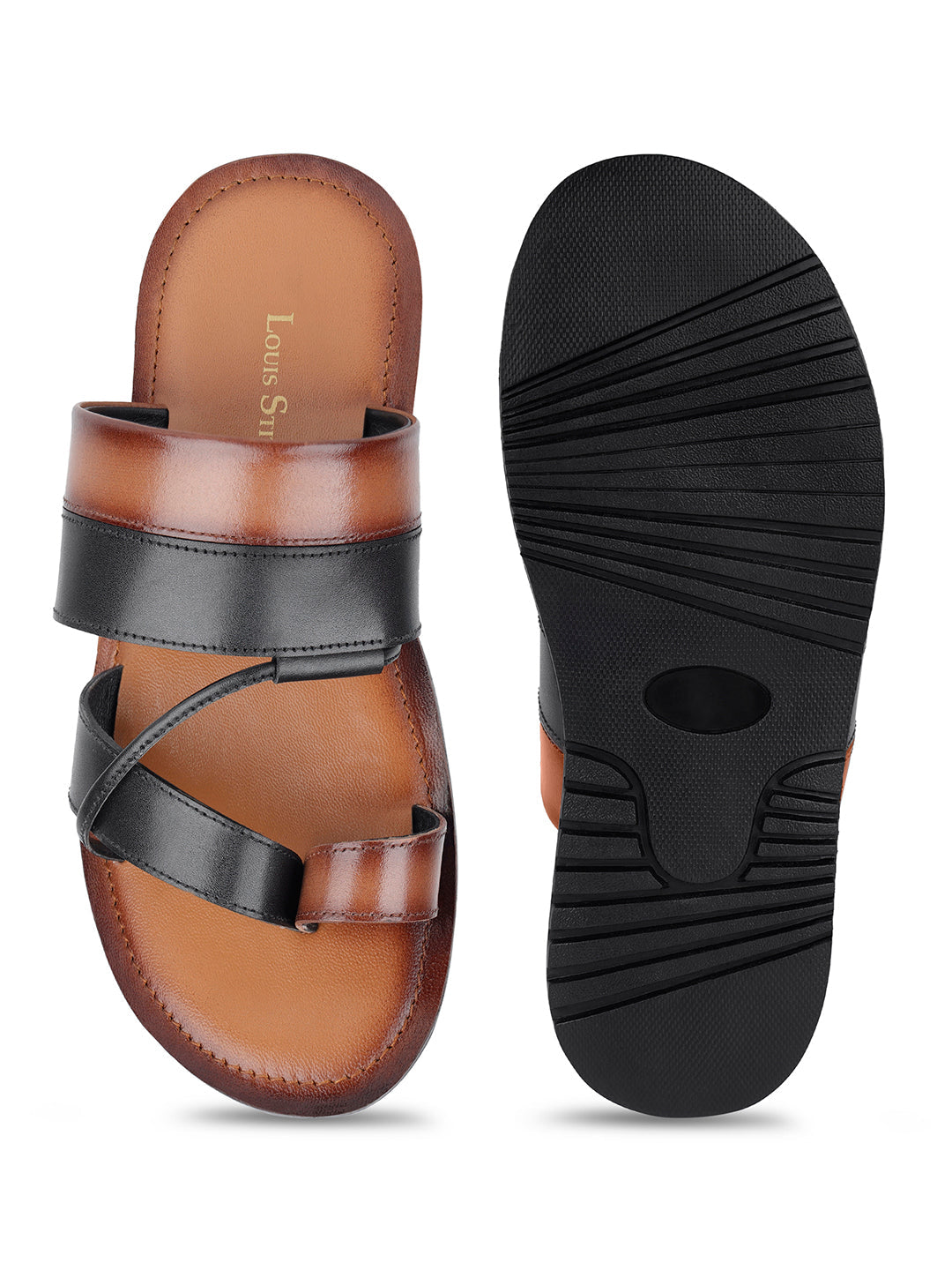 Tan and Black Open Toe Style Lightweight Toe Ring Leather Sandal