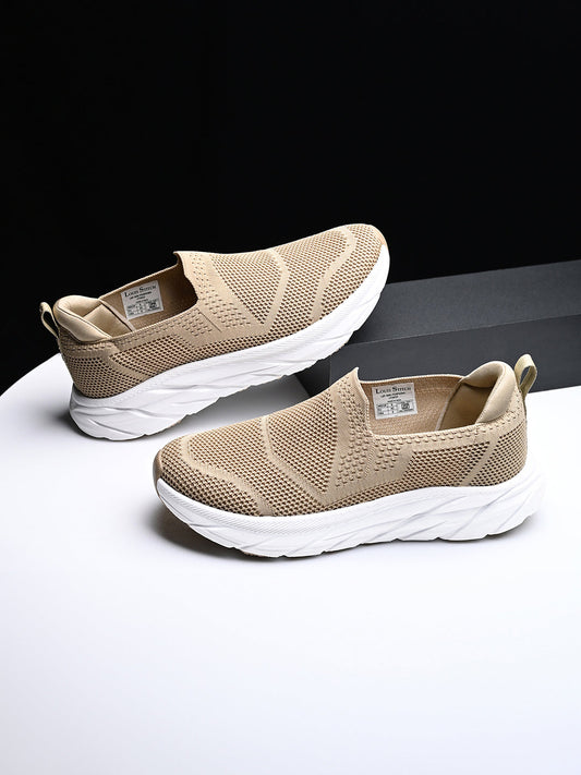 Beige Flyknit Slip-On Sneakers For Men